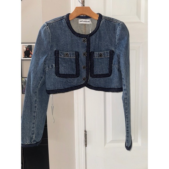 Self-Portrait Denim Jacket Cropped Embellished Buttons Pockets Blue 10 - Picture 5 of 12
